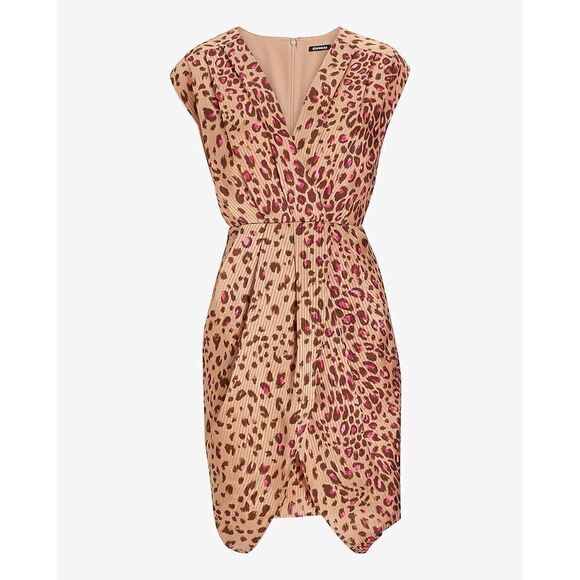 Express Small Leopard Print Draped Satin Mini Sheath Dress - Leopard print w/pin - Picture 3 of 16